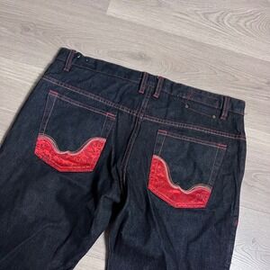 Y2K Savage Art Mens Dark Wash Denim Jeans Red Stitching Detailed Pockets